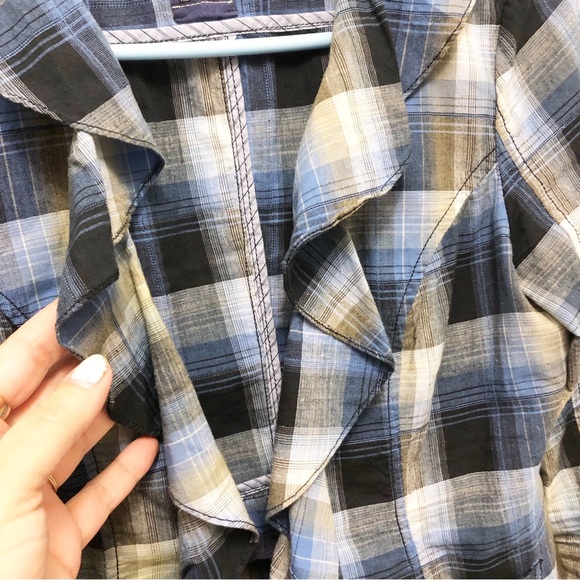 FREE PEOPLE Size 2 Plaid 1 Button Lightweight Weight Cotton Ruffled Blazer - Picture 2 of 11